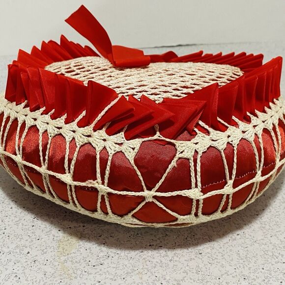 Vintage Heart Shaped Toss Pillow Red Satin Ribbons & White Crochet Caged Romance - Picture 6 of 8